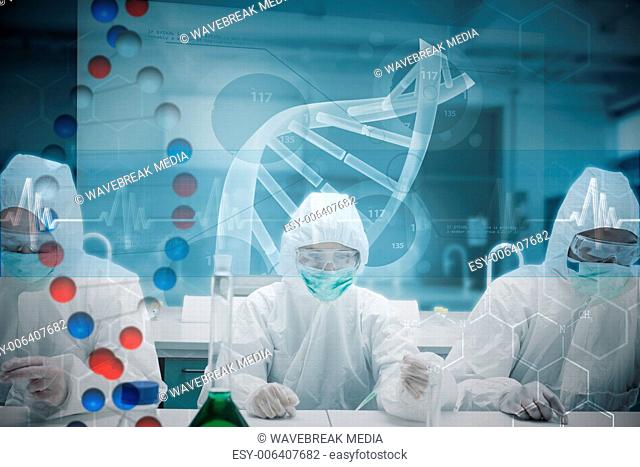 Composite image of chemists working in the lab with futuristic interface