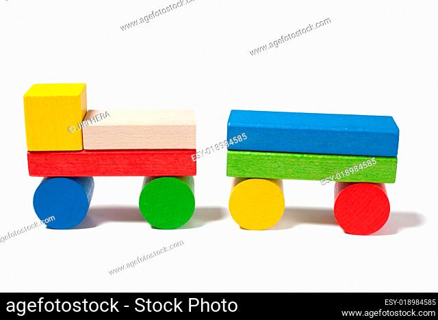 car from colorful wooden toy blocks
