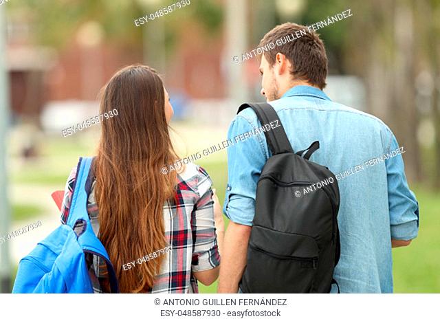 Rear view portrait of two students carrying bags walking and talking in a park