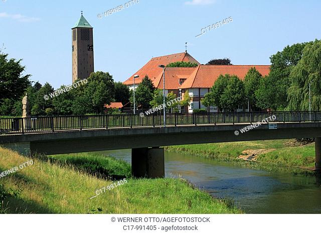 Germany, Loeningen, Grosse Hase, Hase Valley, Oldenburger Muensterland, Lower Saxony, panoramic view, Hase river landscape and parish church Saint Vitus