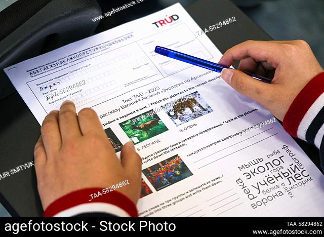 RUSSIA, VLADIVOSTOK - APRIL 8, 2023: A worksheet for the TruD (Totalny Diktant) test for international students is seen during the 2023 Total Dictation