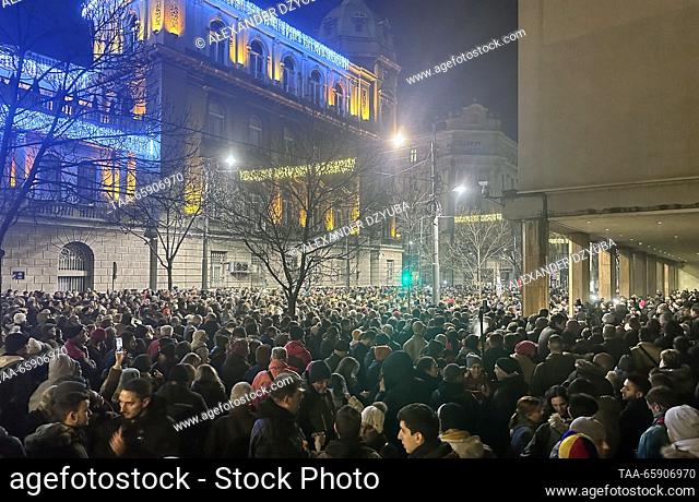 SERBIA, BELGRADE - DECEMBER 19, 2023: Supporters of the Serbia Against Violence opposition coalition take part in a protest outside the Belgrade City Hall