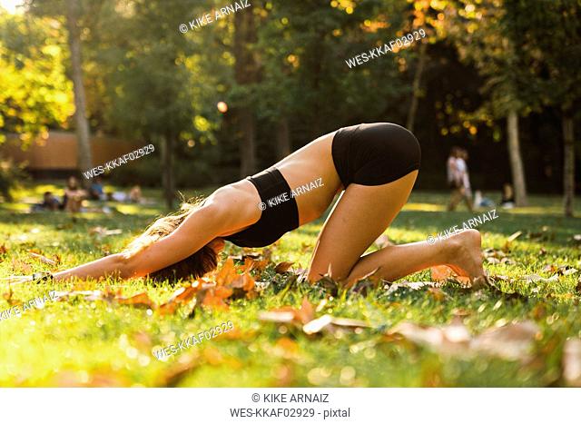 Fit young woman practicing yoga in a park