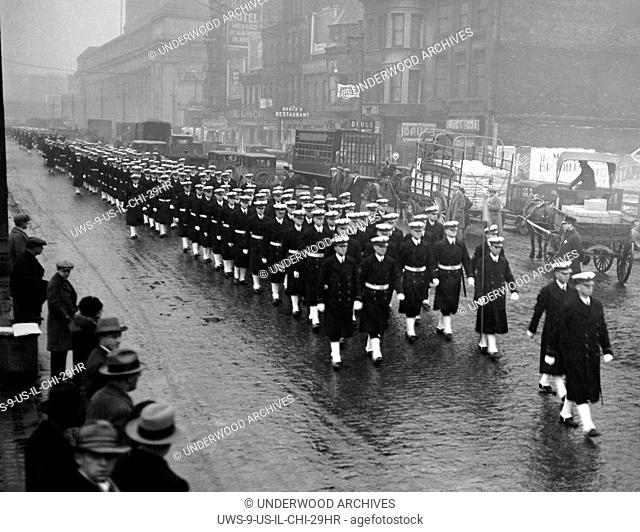 Chicago, Illinois: November 27, 1926 Navy Middies parade through Chicago upon their arrival there for the Army-Navy football game to be held tomorrow at...