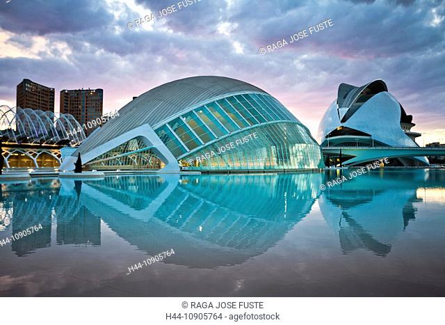 Spain, Europe, Valencia, City of Arts and Science, Calatrava, architecture, modern, Hemisferic, Palace of Arts, water