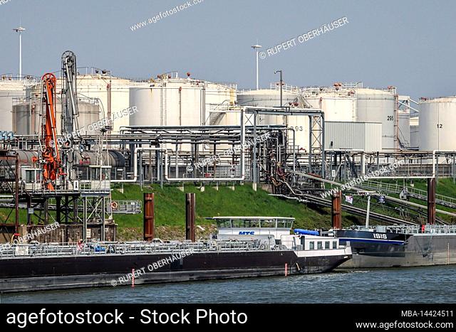 Duisburg, North Rhine-Westphalia, Germany - Duisburg Port, Duisburg Ruhrort, oil island, tankers in front of tank farm for mineral oil products, fuel oil