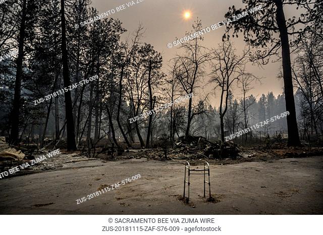 November 15, 2018 - Paradise, California, U.S. - A walker is one of the few remains left after the Camp Fire engulfed most of Pine Springs Mobile Home Park on...