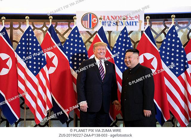 February 27, 2019 - Hanoi, Vietnam - U.S President Donald Trump and North Korean leader Kim Jong Un greet prior to a bilateral meeting at the Sofitel Legend...