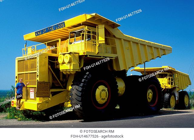 truck, mining, MN, Minnesota, Virginia, Mesabi Iron Range, Gigantic yellow mining trucks King of the Load at The Mine View in the Sky in Virginia