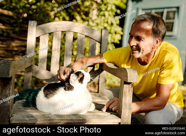 Smiling man crouching while stroking fluffy cat sitting on armchair in back yard