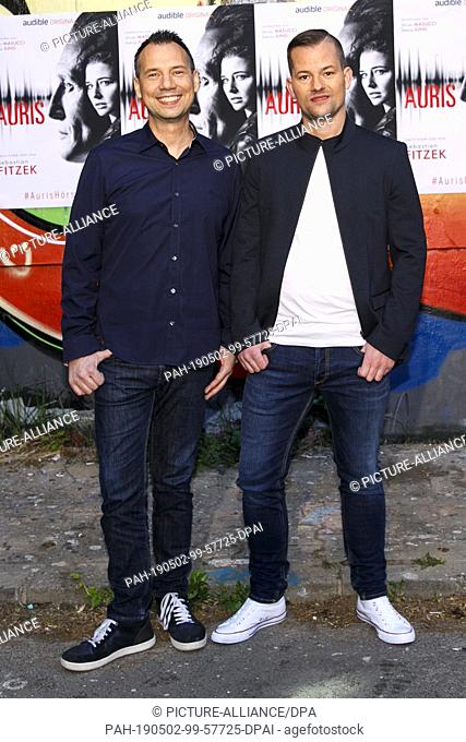 02 May 2019, Berlin: The writers Sebastian Fitzek (l) and Vincent Kliesch are at the event for the world premiere of the radio play thriller series ""AURIS""