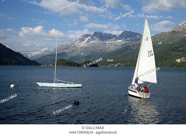 Alps, mountain, Engadin, Graubunden, Grisons, Plaun da Lej, ship, Switzerland, Europe, sea, sail boat, lake Sils, summer, water