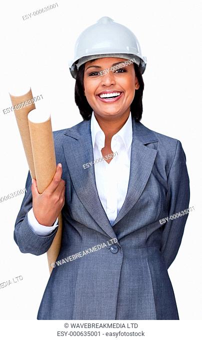 Young hispanic architect smiling at the camera against a white background