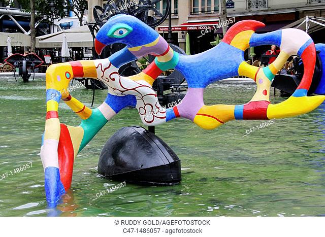 France, Paris, The Stravinsky Fountain located in Place Stravinsky, between the Centre Pompidou and the Church of Saint-Merri