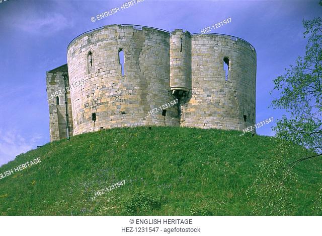 Clifford's Tower, York, North Yorkshire, 1997. The structural leaning due to subsidence is clearly visible from this angle and a repaired crack can be seen