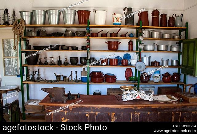 Lublin, Poland, august 2018: Interior of old ironware store, Open Air Village Museum