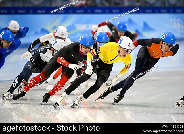 Belgian speed skater Bart Swings pictured in action during the final of the men's mass start speed skating event at the Beijing 2022 Winter Olympics in Beijing