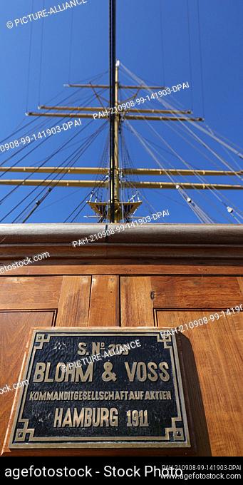 08 September 2021, Hamburg: The type plate with construction number can be seen on the four-masted barque ""Peking"". On the occasion of the first anniversary...
