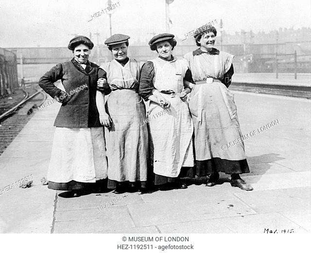 Women porters at Marylebone station, May 1915. Images like this were used to illustrate an article in the Suffragette entitled 'What Women are Doing to Release...