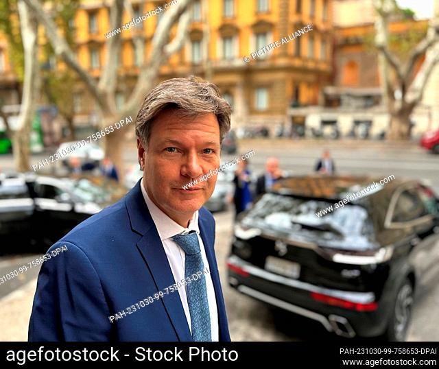 30 October 2023, Italy, Rom: Economics Minister Robert Habeck (Bündnis 90 /Die Grünen) is in Rome on Monday. The Green politician is taking part in a trilateral...