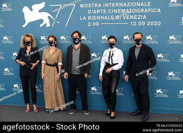 Director Stefano Mordini, Valeria Golino, Maya Sansa, Serena Rossi, Stefano Accorsi wear a mask due to the Covid-19 virus during Lasciami Andare photocall