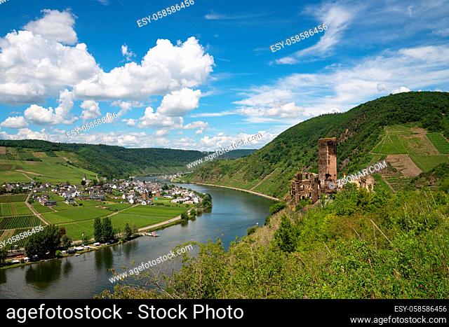 Panoramic image of the landscape close to Beilstein with castle ruin, Moselle, Germany