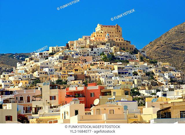 The Venitian City qurter of Ano Syros topped by the Catholic basilica of San Giorgio, Syros  Î£ÏÏÎÏ,  , Greek Cyclades Islands