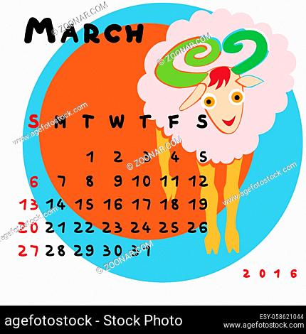 Graphic illustration of the calendar of March 2016 with original hand drawn text and colored clip art of Aries zodiac sign