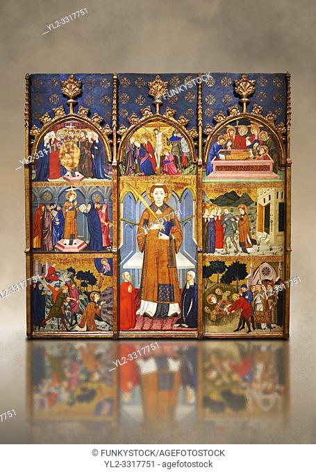 Gothic painted Panel Altarpiece of Saint Stephen by Jaume Serra. Tempera, gold leaf and metal plate on wood. Circa 1385. Dimesions 185. 7 x 186