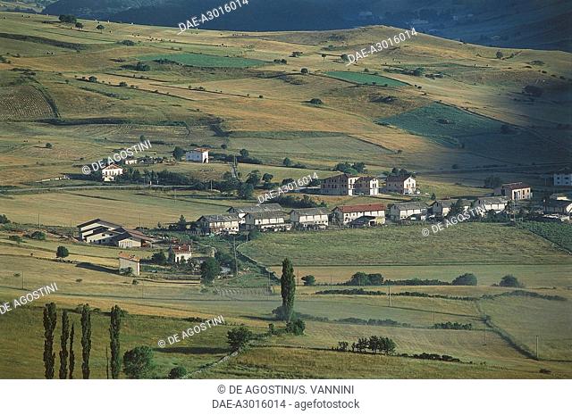 Agricultural landscape and farmhouses near Pescocostanzo, Maiella national park, Abruzzo, Italy