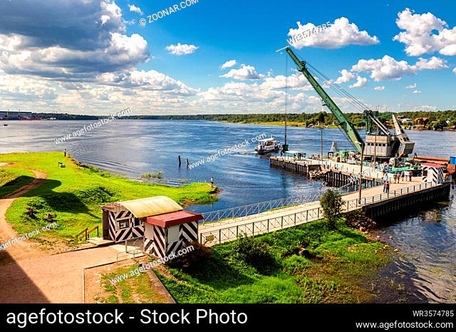 Shlisselburg, Russia - August 8, 2018: Historical fortress Oreshek is an ancient Russian fortress. View of the pier on Neva river and ticket centre for visitors...