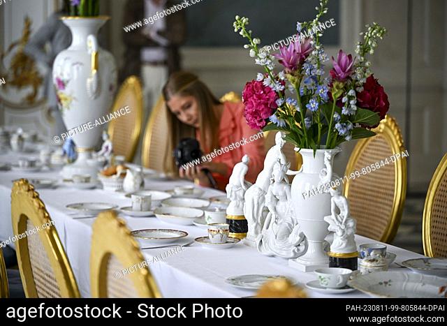 11 August 2023, Brandenburg, Potsdam: A laid table with historical tea service of the KPM Königliche Porzellan-Manufaktur will be presented at a press event in...