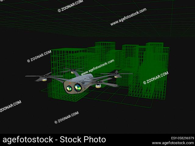 Quadcopter carrying cameras over virtual landscape, 3d render