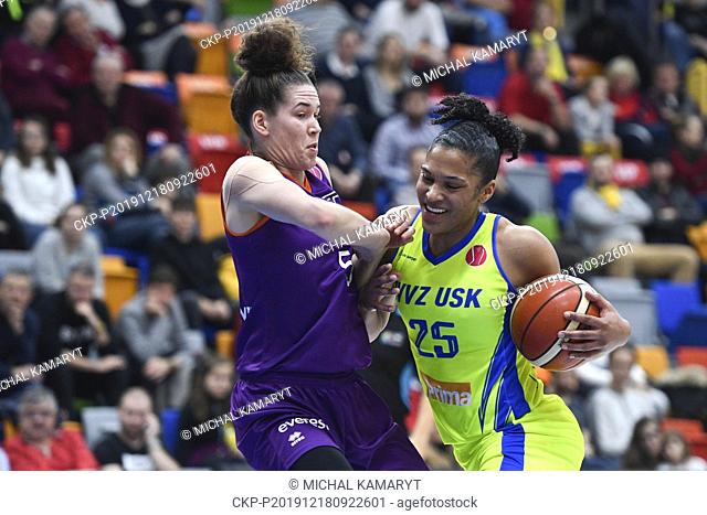 Megan Huff of Riga, left, and Alyssa Thomas of USK in action during the Women's Basketball European League 8th round group A match USK Praha vs TTT Riga in...