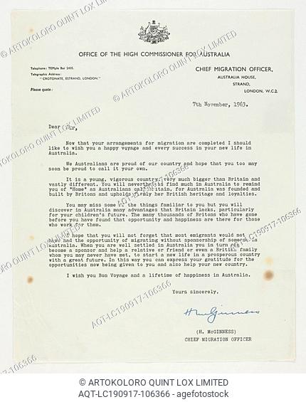 Letter - Salutations from Migration Office, Myerscough, 1963, Letter dated 7/11/1963 from the Chief Migration Officer at the Office of High Commissioner for...