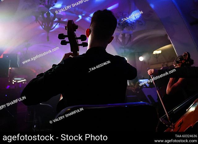 RUSSIA, MOSCOW - JULY 8, 2023: Musicians of the Imperialis Orchestra perform during a concert at the Arbatskaya station of the Moscow Metro marking Moscow...