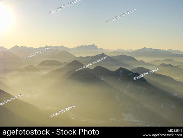 View towards the Zugspitze. View from the mountain Schoenberg near Lenggries in the Bavarian Alps in winter. Germany Bavaria