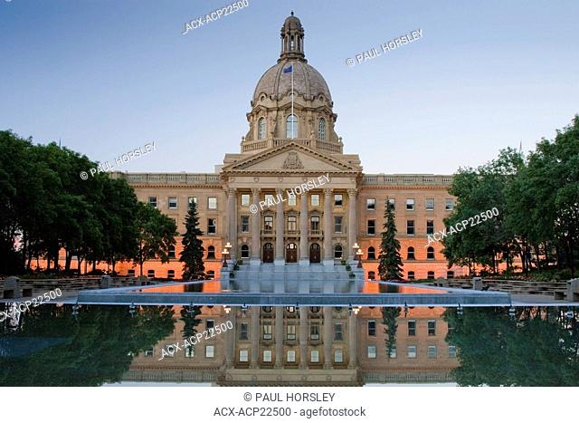 Alberta Legislature building and reflecting pool at sunrise, Edmonton, Alberta