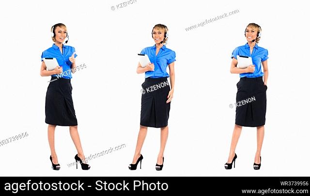 Asian call center agent, professional women, compositing of three scenes, isolated on white background