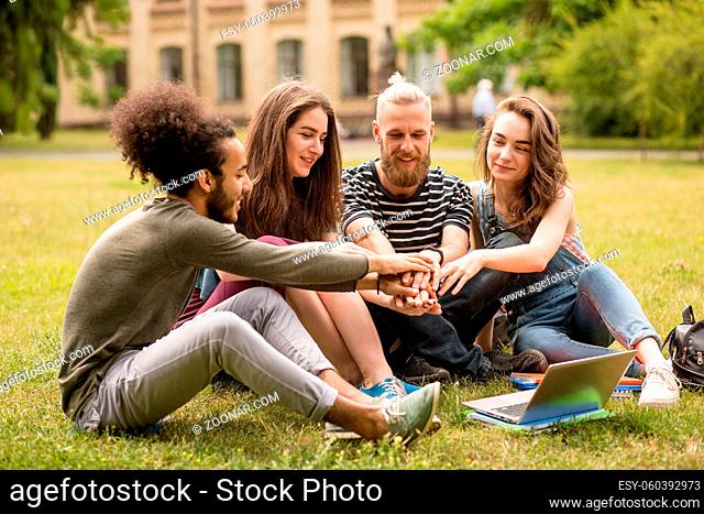 Group of students sitting on grass in University garden. University friends sitting happile smailing in the park