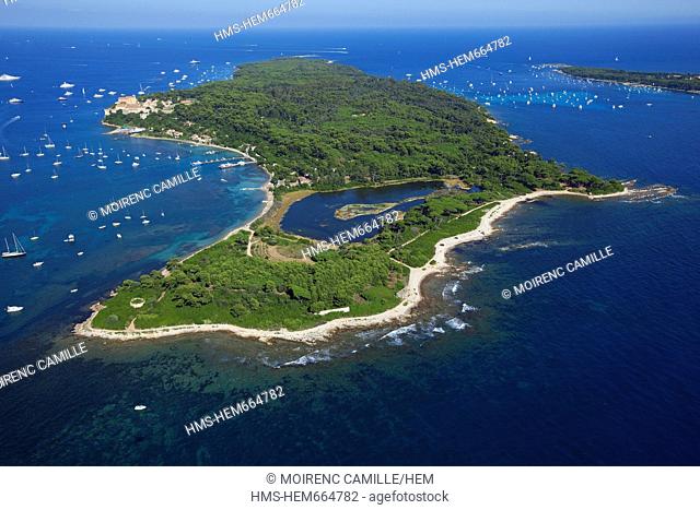 France, Alpes Maritimes, Cannes, Lerins island of Sainte Marguerite, pond Bateguier aerial view