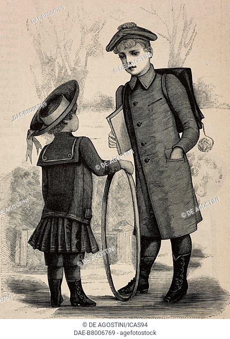 Outfit for 3 to 4-year-old boys and paletot for 6 to 8-year-old boys, creations by the Magasins du Louvre, engraving from La Mode Illustree, n 12, March 20