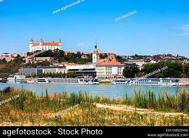 City skyline of Bratislava in Slovakia, shore of the Danube river