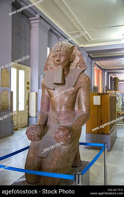 Cairo, Egyptian Museum, kneeling statue of Hatshepsut, one of the rare women who became king of Egypt. Granite, from her temple in Deir el Bahari