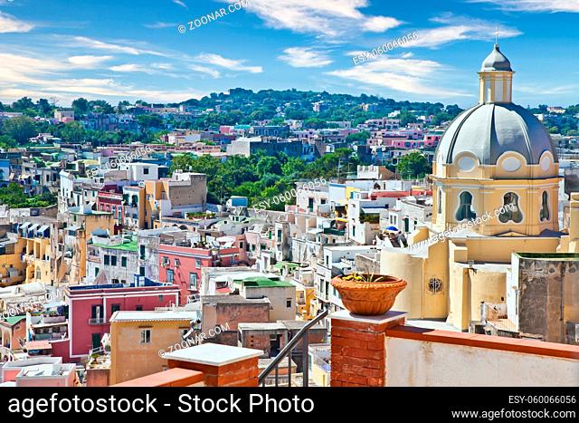 PROCIDA, ITALY - CIRCA AUGUST 2020: panoramic view of the mediterranean Italian island close to Naples in a summer day
