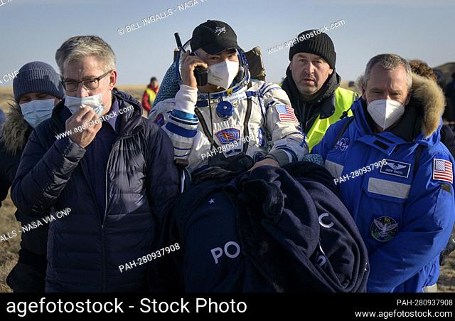 Expedition 66 NASA astronaut Mark Vande Hei is carried to a medical tent shortly after he and fellow crew mates Pyotr Dubrov and Anton Shkaplerov of Roscosmos...