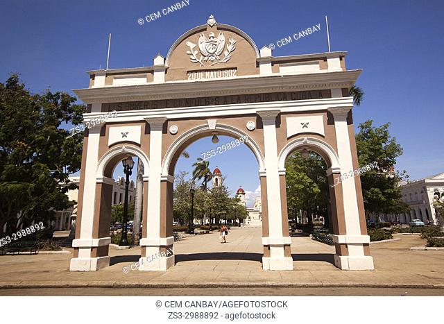 View to the Arch Of Triumph-Arco Del Triunfo at Parque Jose Marti in Plaza de Armas Square, Cienfuegos, Cuba, West Indies, Central America