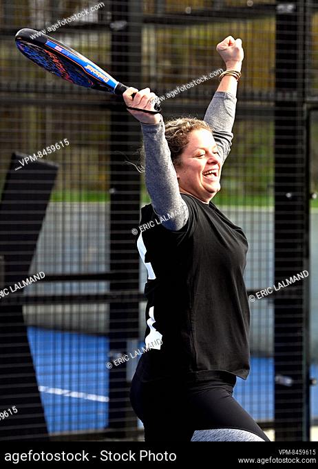 Belgian Kim Clijsters cheers scoring a point in a padel match, during the launch of the start-up Pablo, a new hardware and software system to prevent misuse of...