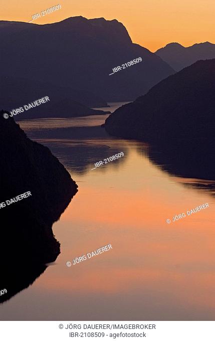 Sunset behind Innvikfjord, a part of Nordfjord, Sølvberg, Solvberg, Blaksæter, Blaksaeter, Sogn of Fjordane, Norway, Europe