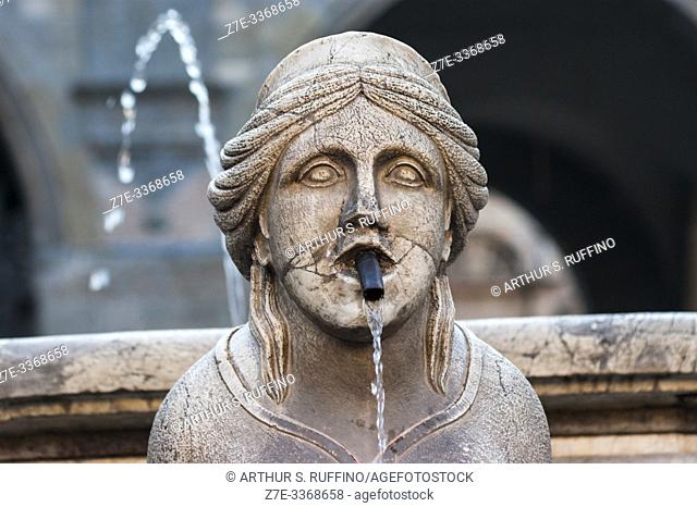 Sphinx sculpture with fountain spout. Contarini Fountain. Piazza Vecchia (Old Square), Upper Town (CittÃ  Alta), Bergamo, Lombardy, Italy, Europe